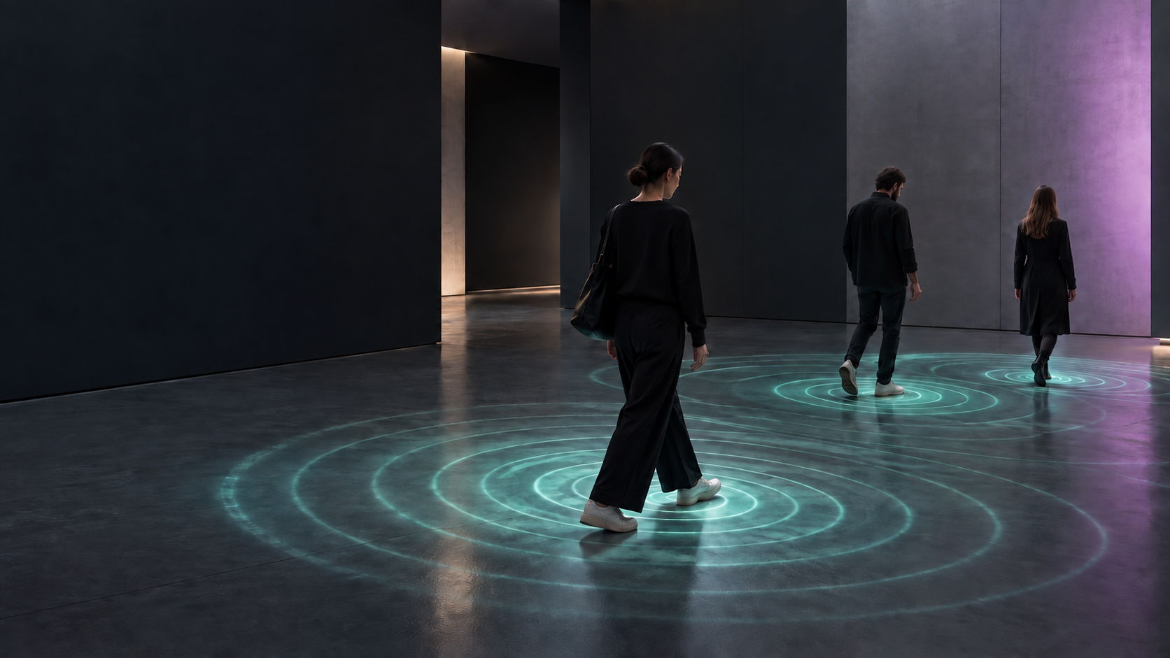 Visitors moving through an interactive installation with luminous circles on the floor — illustrative concept